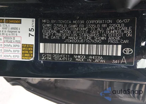 2007 Toyota Prius z USA, uszkodzony, nr VIN JTDKB20U877679390